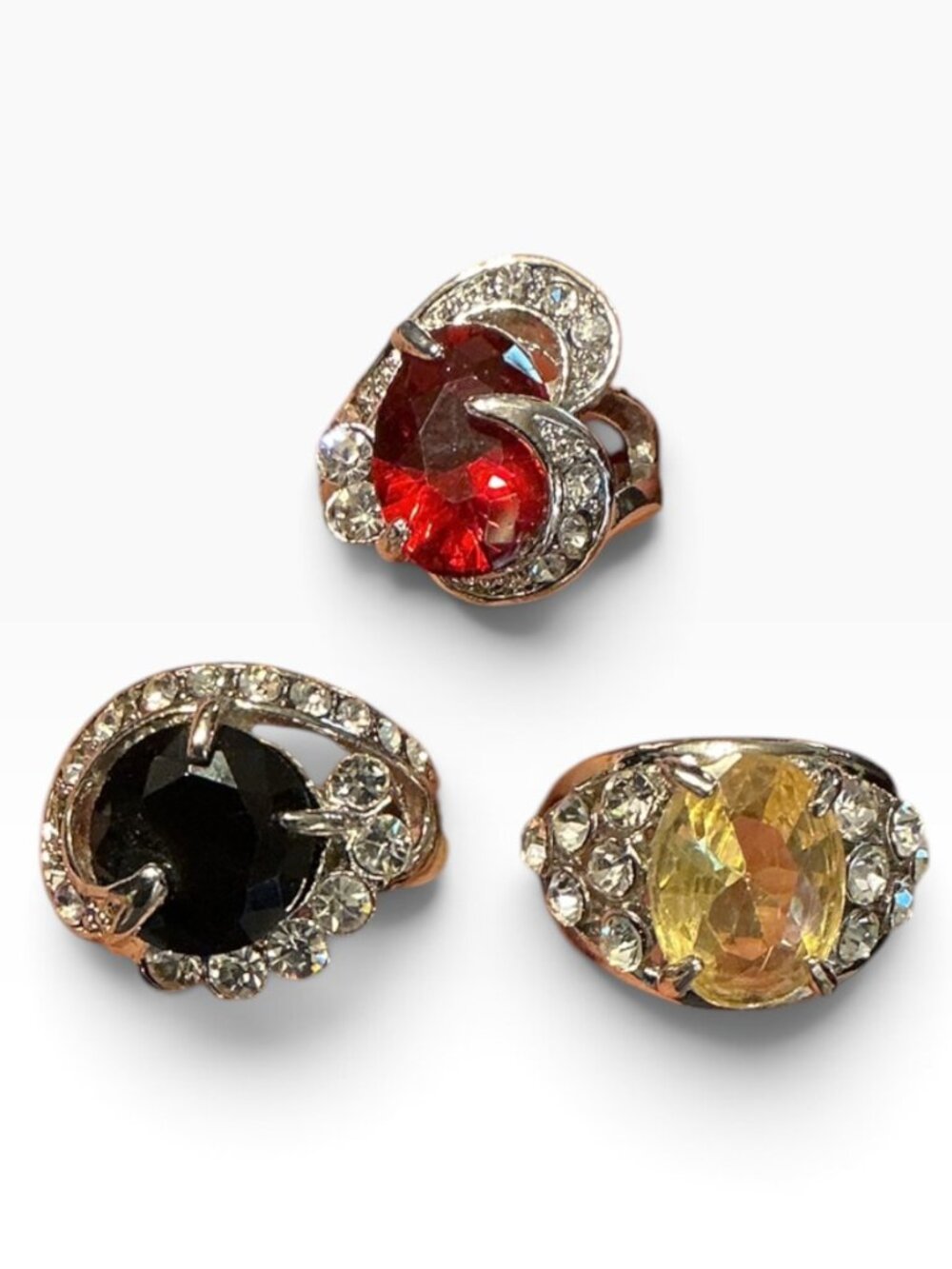 Vintage Rhinestone Cocktail Rings Lot of 3 Red Yellow Black Silver Tone Sz 5 5.5